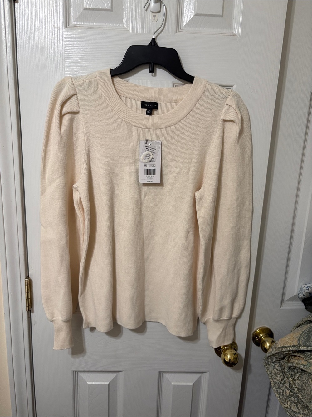 The Limited Cream Ribbed Sweater with Puff Shoulders